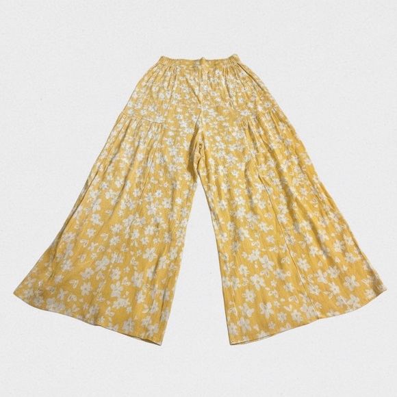 Yellow Floral Boho Wide Leg Pants Cottagecore Coastal Summer Elastic Waist Fairy - Picture 2 of 7